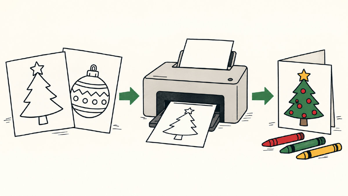 Diagram showing Christmas outline choices, a printer and a folded greeting card beside crayons.