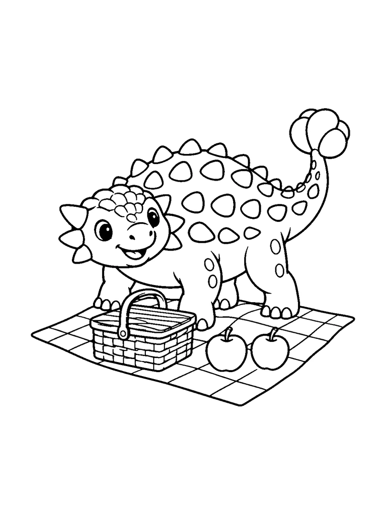 A cute ankylosaurus having a picnic with a closed basket and two apples.