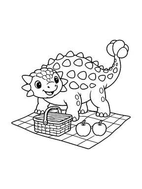 A cute ankylosaurus having a picnic with a closed basket and two apples.