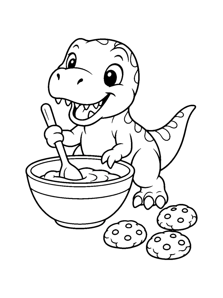 A cute baby T-rex stirring a mixing bowl with a wooden spoon beside round cookies.