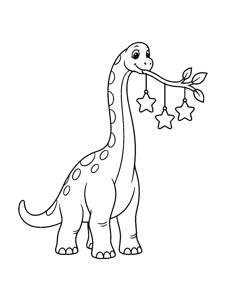 A cute brachiosaurus hanging star ornaments on a curved branch.