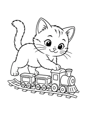 A cat pushes a toy train along a short track with a front paw.