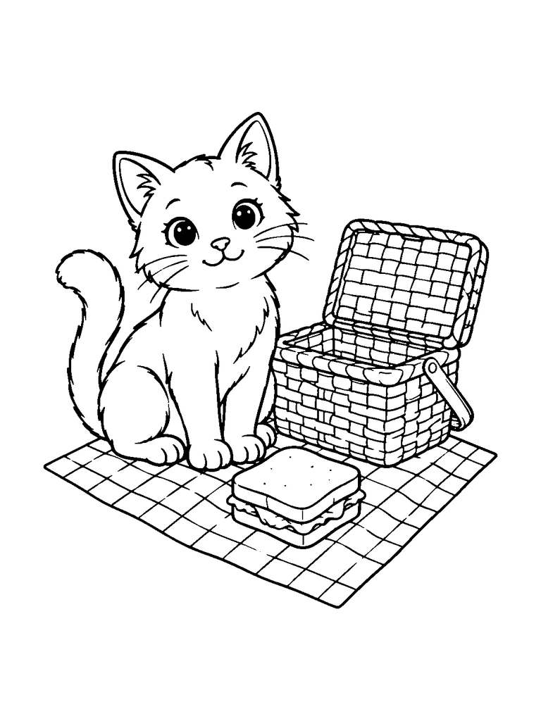 A cat sits beside an open picnic basket and a sandwich on a checkered cloth.
