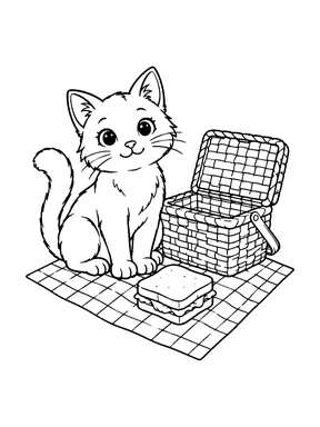 A cat sits beside an open picnic basket and a sandwich on a checkered cloth.