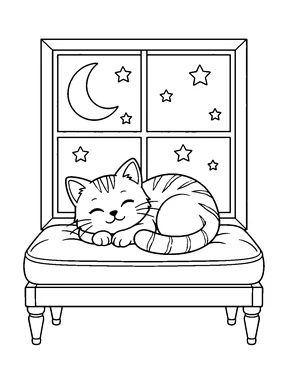 A cat sleeps on a cushioned window seat beneath a crescent moon and stars.