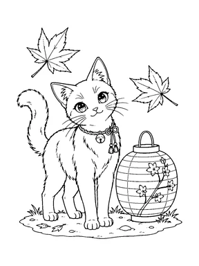 A cat stands beside a decorated paper lantern with maple leaves overhead.