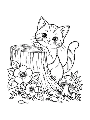 A cat peers around a tree stump surrounded by flowers and mushrooms.