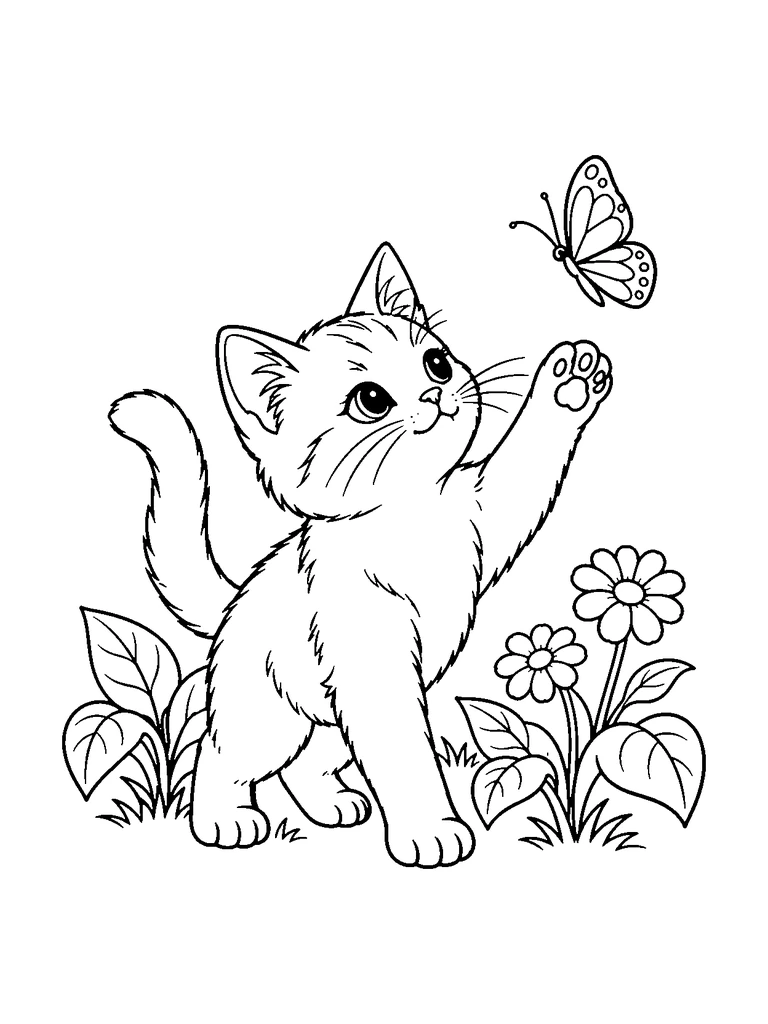 A cat reaches toward a butterfly among flowers and broad leaves.