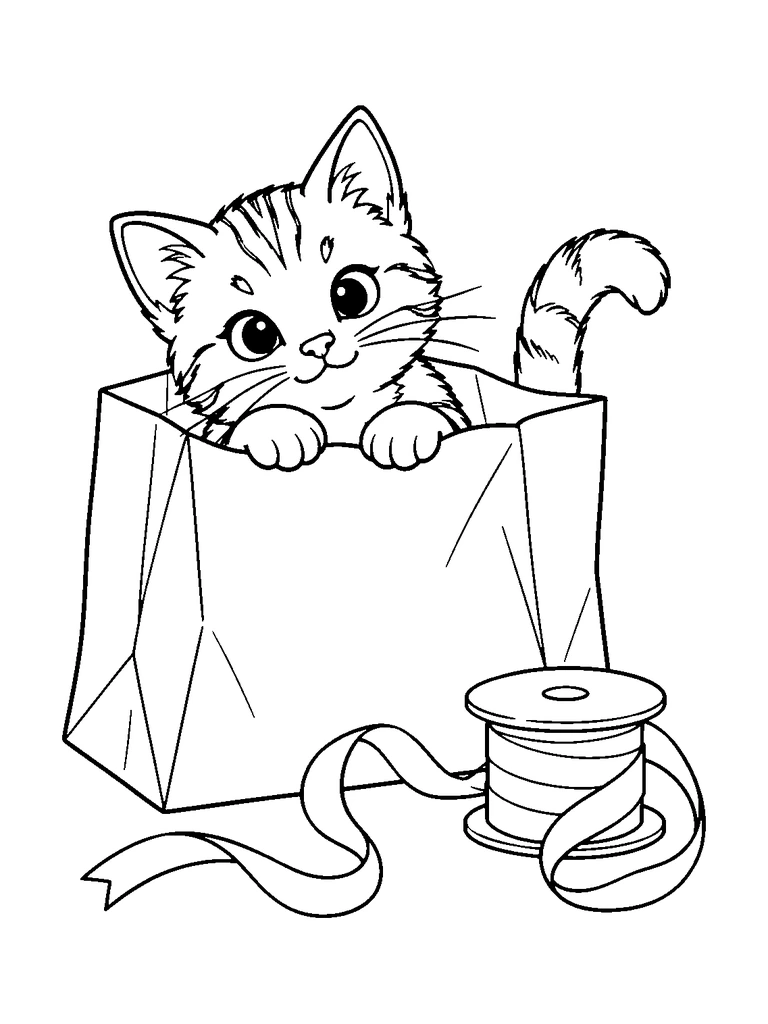 A cat peeks out of a paper bag beside a spool of ribbon.