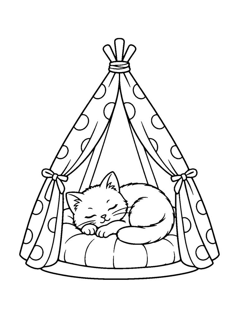 A cat sleeps on a cushion inside an open play tent.