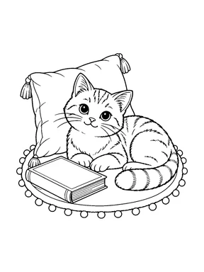 A cat rests on a small rug beside a cushion and a closed book.