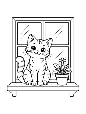 A cat sits on a window ledge beside a pot of flowers.