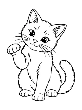 A seated cat holds one front paw in the air.
