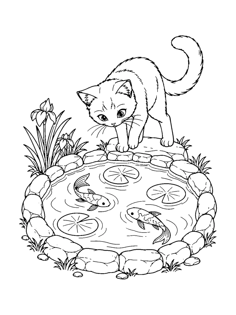 A cat looks into a round pond with fish, lily pads, rocks, and water plants.