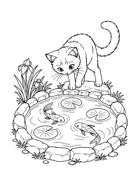 A cat looks into a round pond with fish, lily pads, rocks, and water plants.