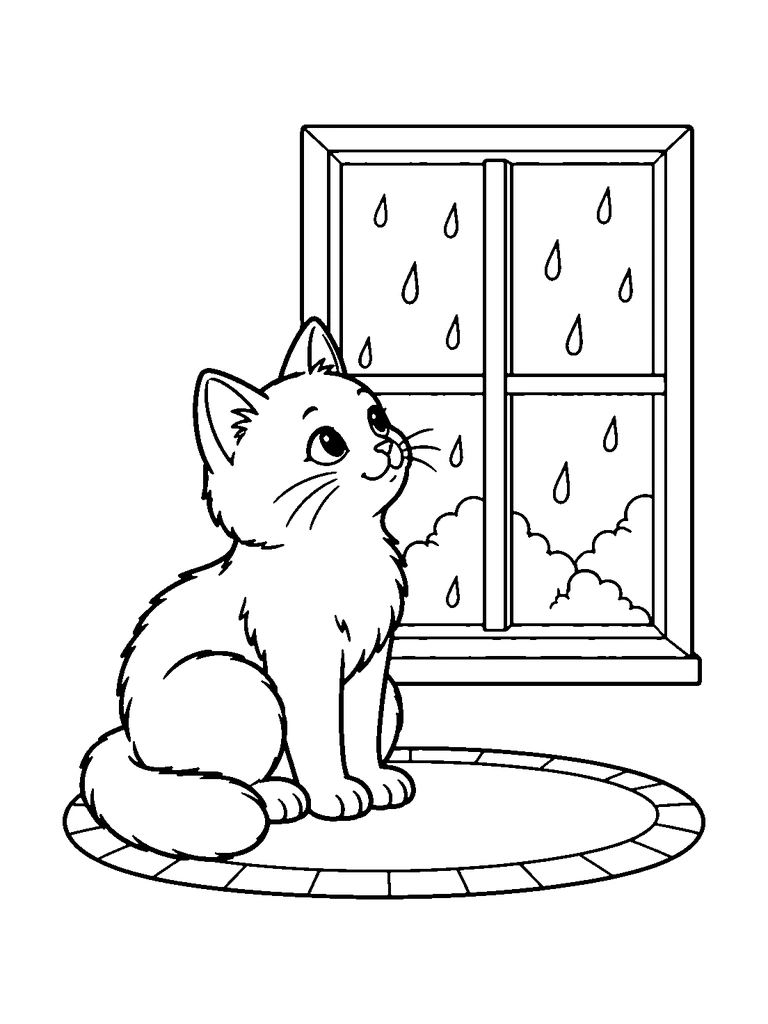 A cat sits by a window with raindrops outside and a small rug below.