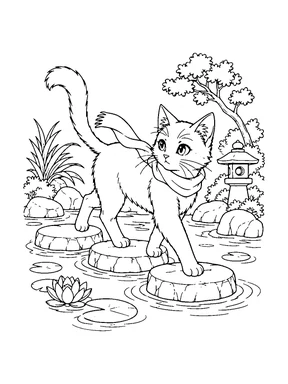 A cat in a scarf walks across stepping stones in a garden pond.