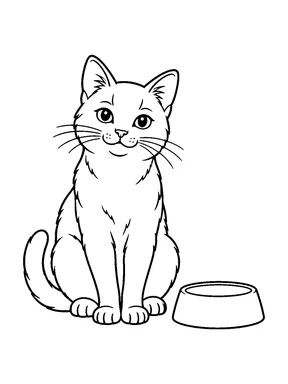 A cat sits beside an empty food bowl.