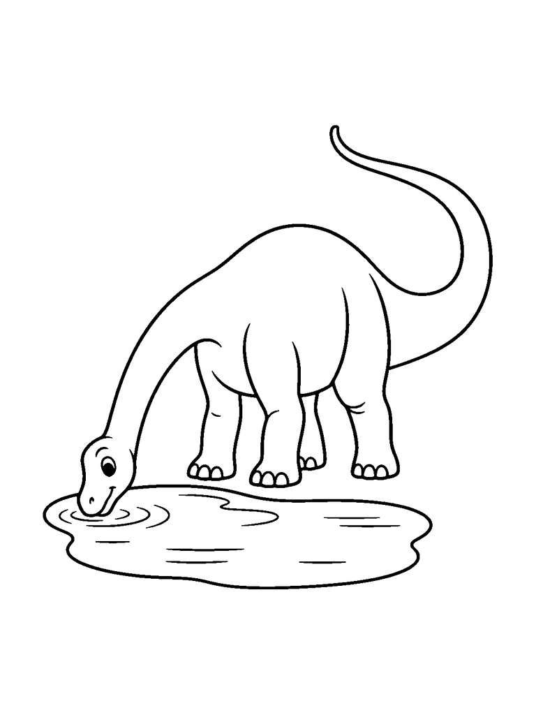 A diplodocus drinking from a small pond.