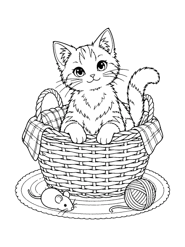 A cat sits inside a woven basket beside a ball of yarn and a toy mouse.