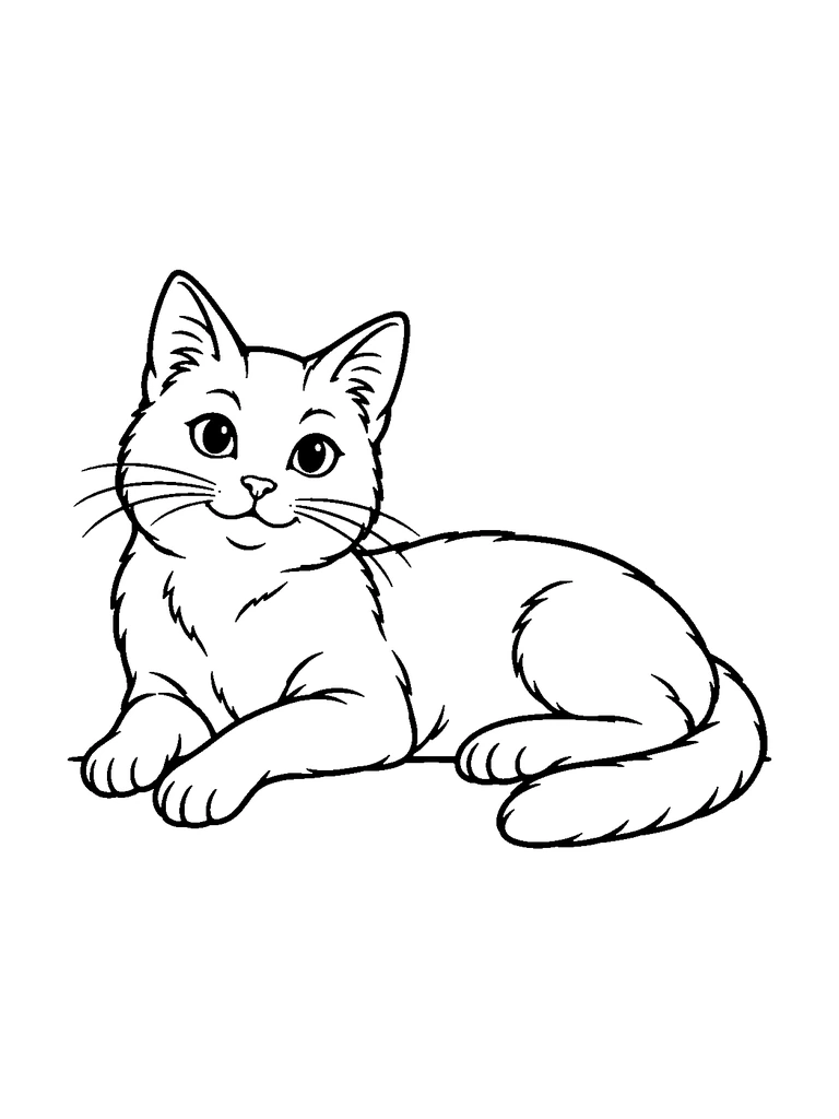 A cat rests on its side with its head raised and its tail curled beside it.