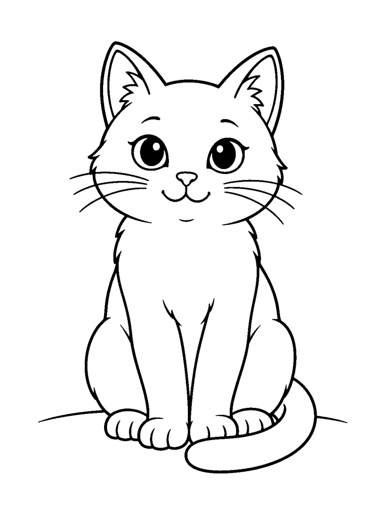 A cat sits facing forward with its tail curved beside its paws.