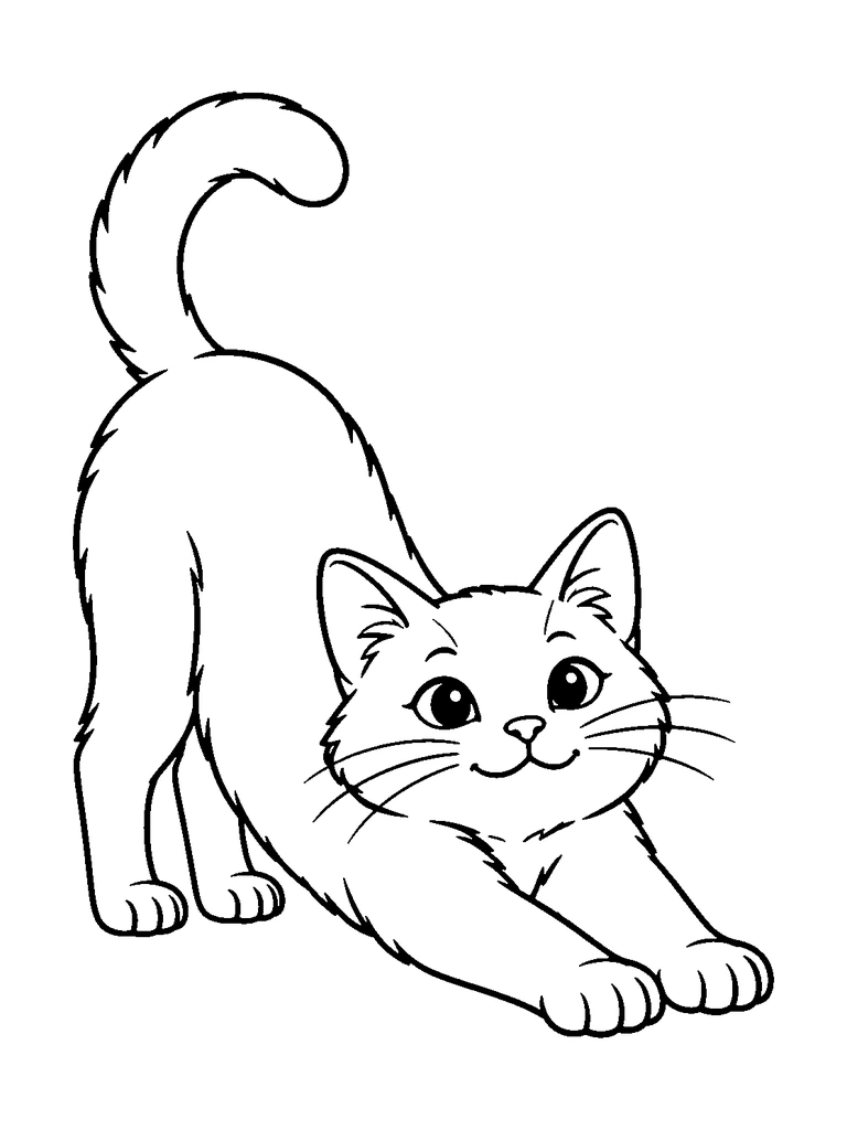 A cat stretches its front legs forward with its hindquarters raised.