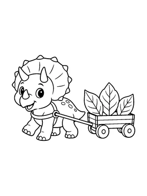 A cute triceratops pulling a small wagon filled with large leaves.