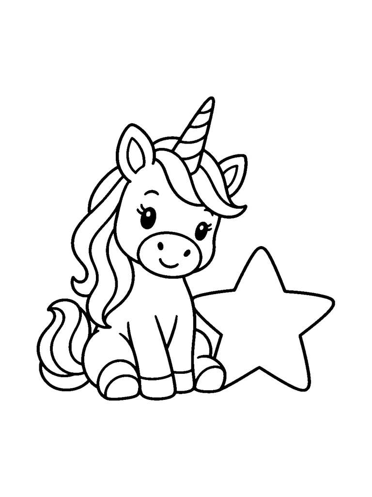 A unicorn sitting beside a large star.