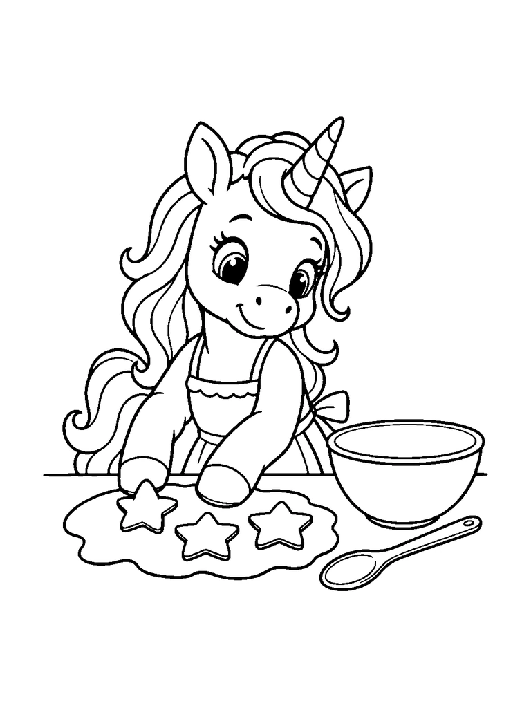 A cute unicorn baking star-shaped cookies beside a mixing bowl and wooden spoon.