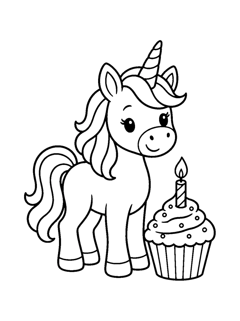 A unicorn standing beside a birthday cupcake.