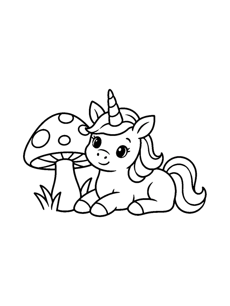 A unicorn lying beside a large mushroom.