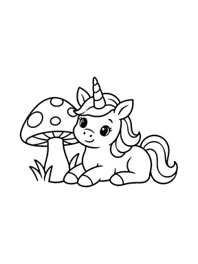 A unicorn lying beside a large mushroom.