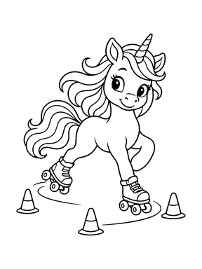 A cute unicorn gliding on roller skates around three small cones.
