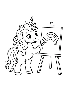A cute unicorn painting a rainbow on an easel with a paintbrush.