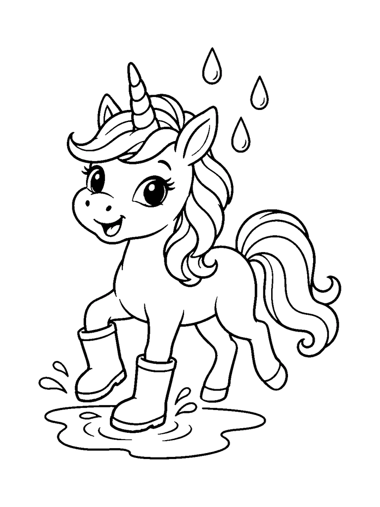A cute unicorn in rain boots splashing in a small puddle as raindrops fall.