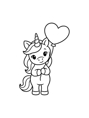 A unicorn facing forward and holding a heart-shaped balloon.