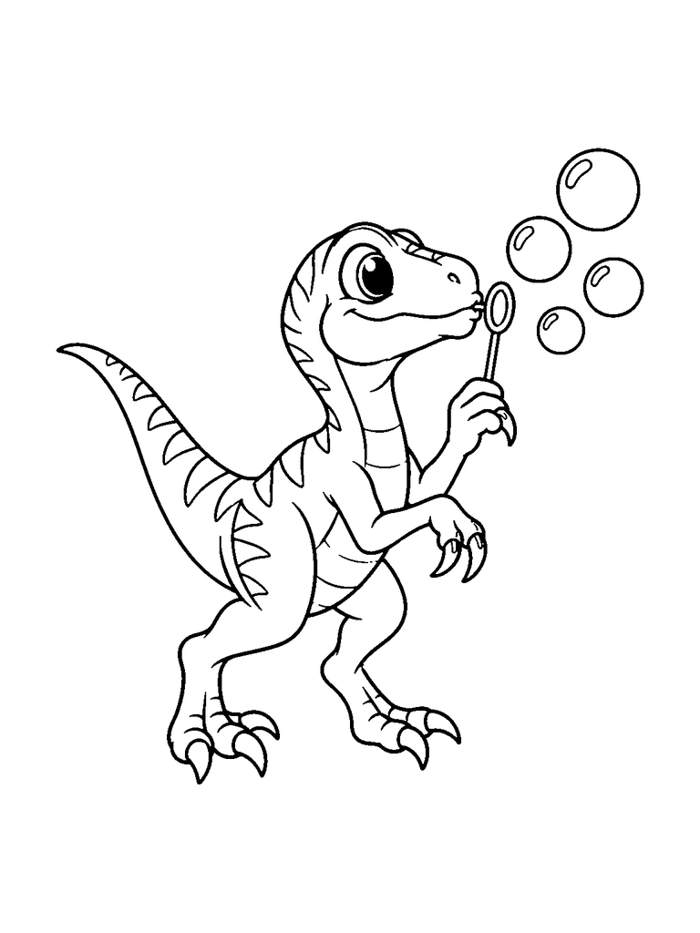 A cute velociraptor blowing round bubbles from a bubble wand.